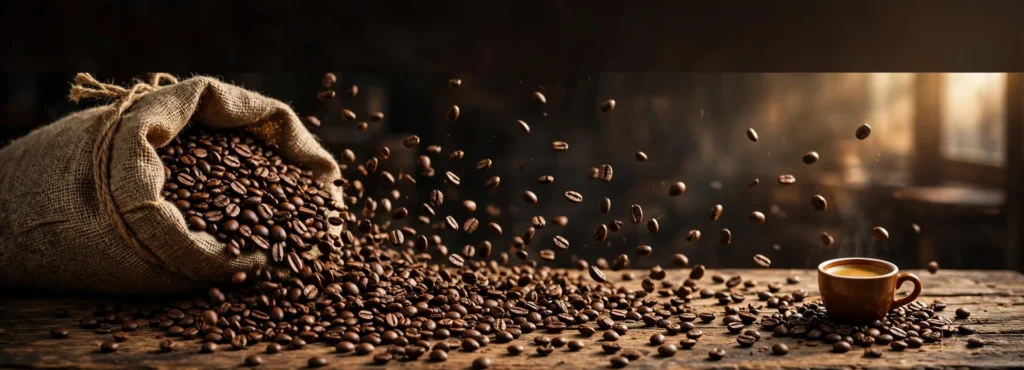 Coffee beans spilling from a sack with a cup of coffee