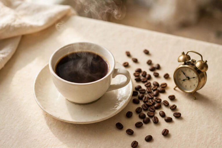 Steaming cup of black coffee with coffee beans and a clock, for someone asking am I addicted to caffeine