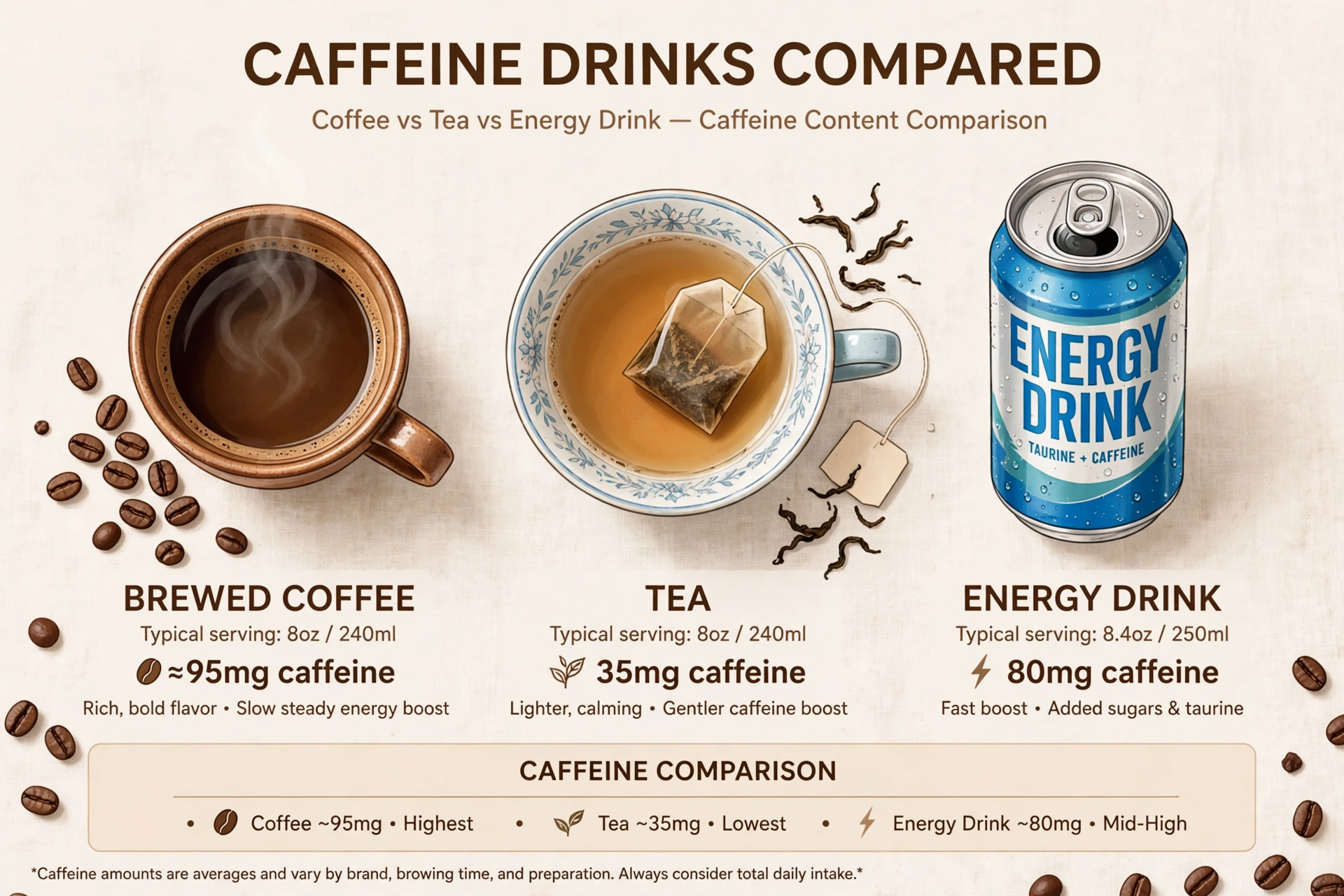 Illustration comparing a cup of coffee, a cup of tea, and an energy drink
