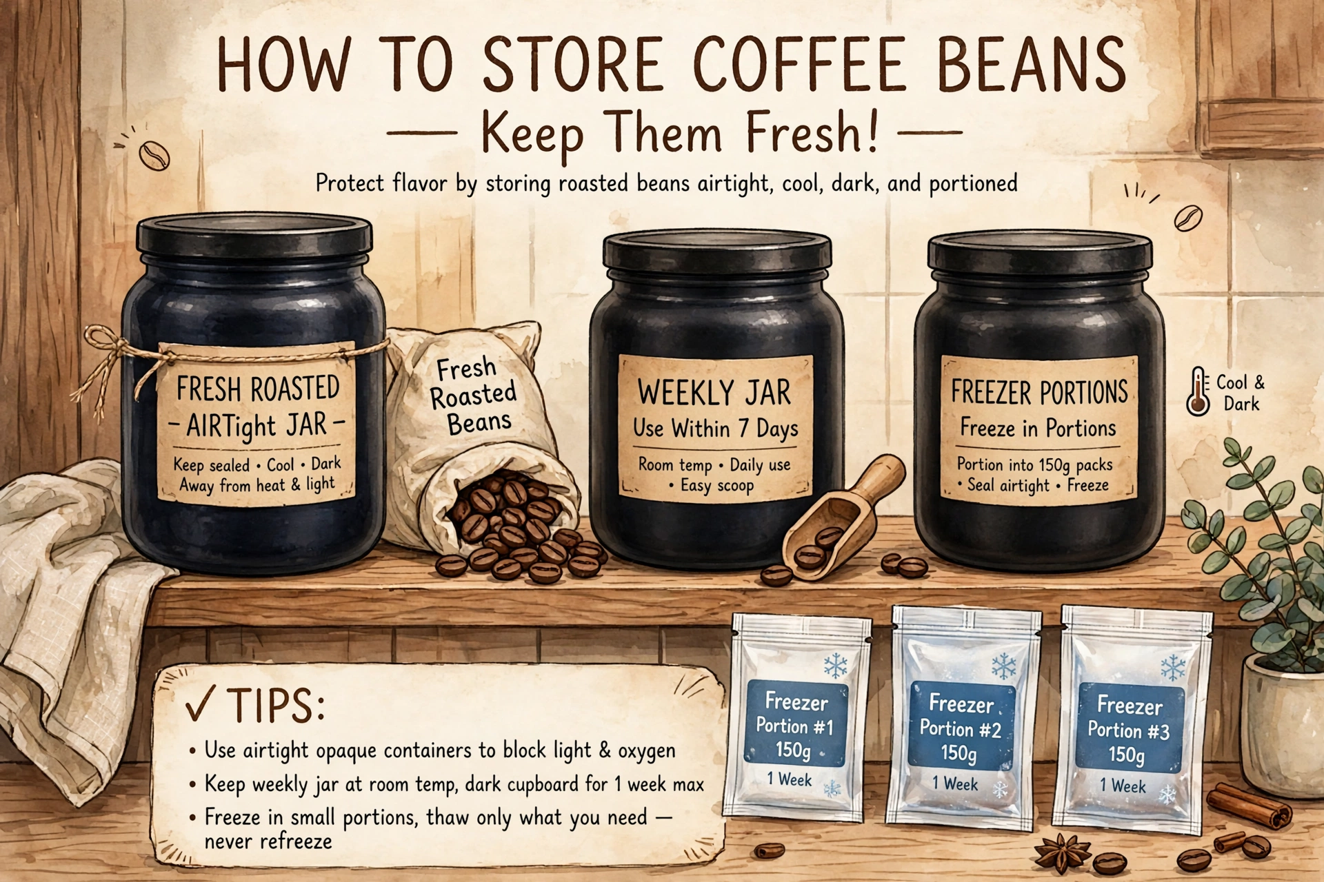 Illustration of roasted coffee beans stored in airtight jars