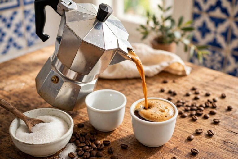 Moka pot pouring Cuban coffee into small cups with sugar and coffee beans, showing how to make Cuban coffee at home