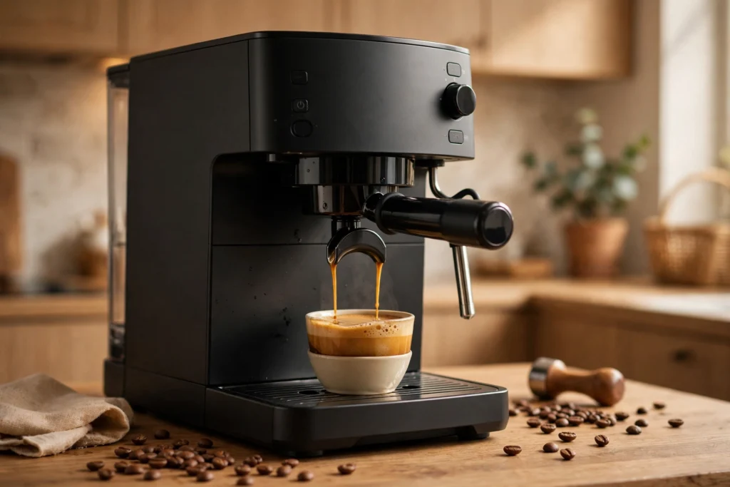 Espresso machine brewing coffee