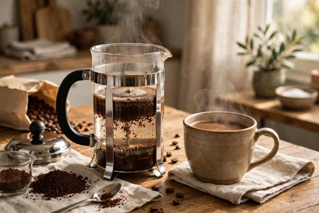Illustration of French press coffee brewing at home