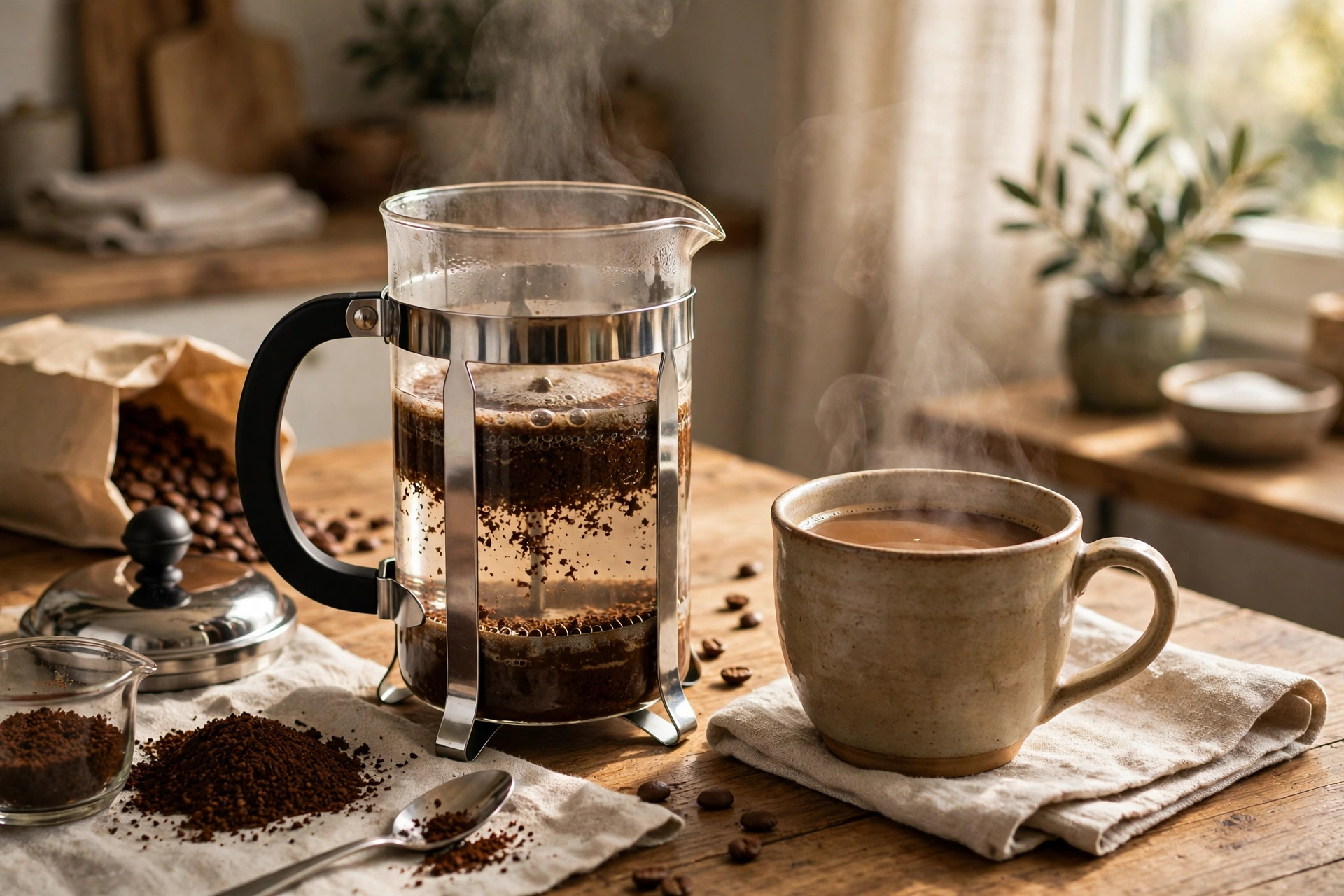 Illustration of French press coffee brewing at home