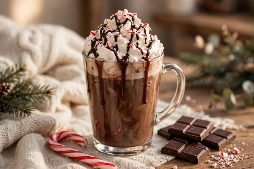 Peppermint mocha in a glass mug with whipped cream, chocolate drizzle and crushed candy cane, showing how to make a peppermint mocha